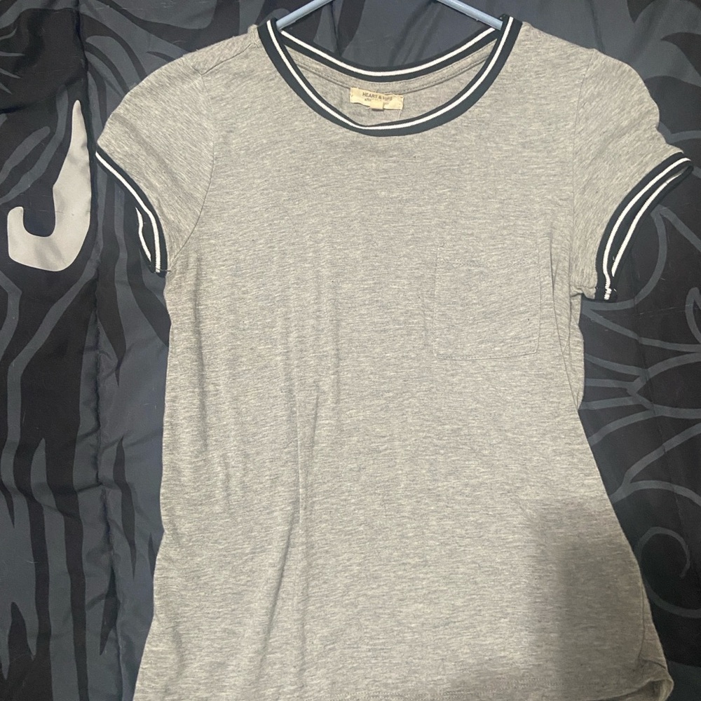 Gray Short Sleeve T-Shirt with Striped Trim